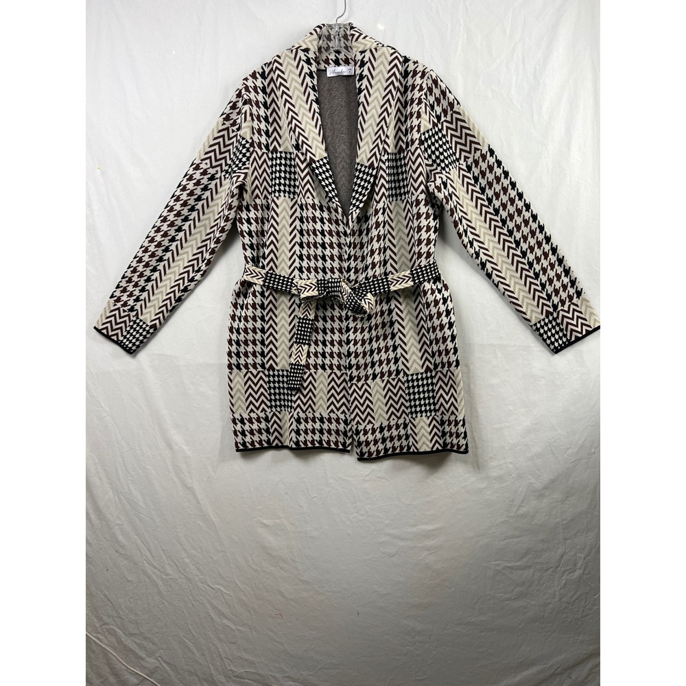 Alexander Z Knit Cardigan Jacket Women L Brown Mixed Houndstooth Chevron Belted